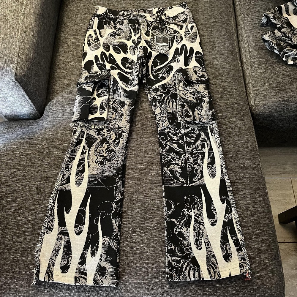 Rebel Vengeance Pants Mens 30x32 Black Flame Tapestry Cargo Gothic Stacked Fit